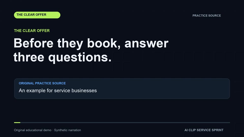 Original graphics-based practice video: Three questions before a customer books